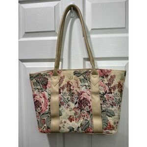 Mitzi floral tapestry tote bag beige leather trim shoulder bag women Cottagecore
